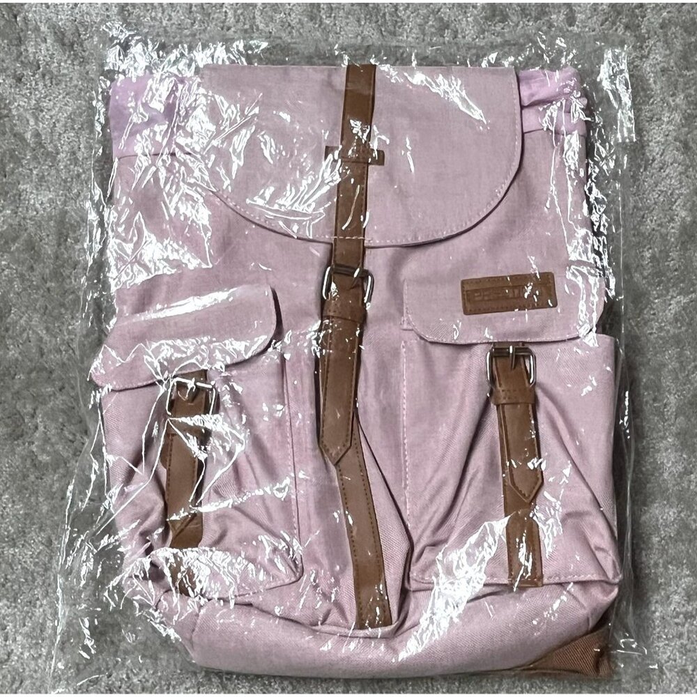 Pink & Brown Canvas Backpack With Leather‎ Straps